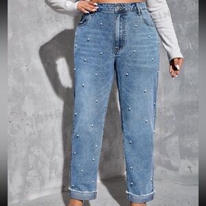 High Waisted Pearl Encrusted Jeans